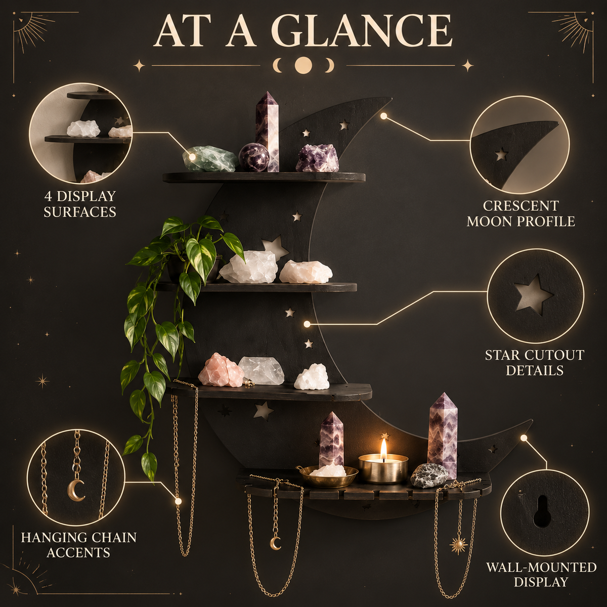 Crescent Moon Wall Shelf | Gothic Crystal Display Rack | Black Wooden Floating Shelves | Celestial Bedroom Decor