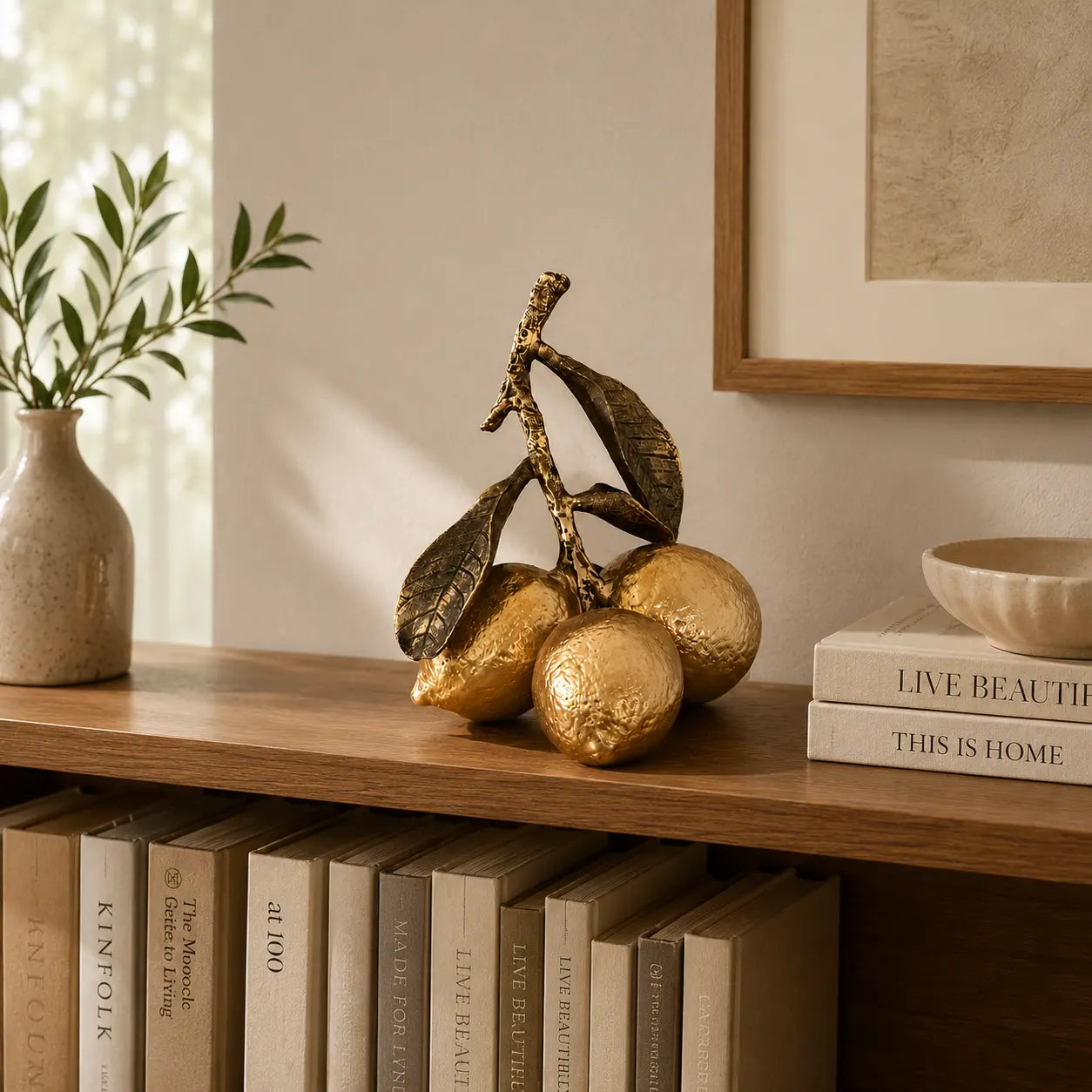 Golden Lemon Sculpture Decor | Decorative Fruit Table Accent | Modern Shelf Ornament | Kitchen Dining Room Display | Housewarming Gift Jumartins