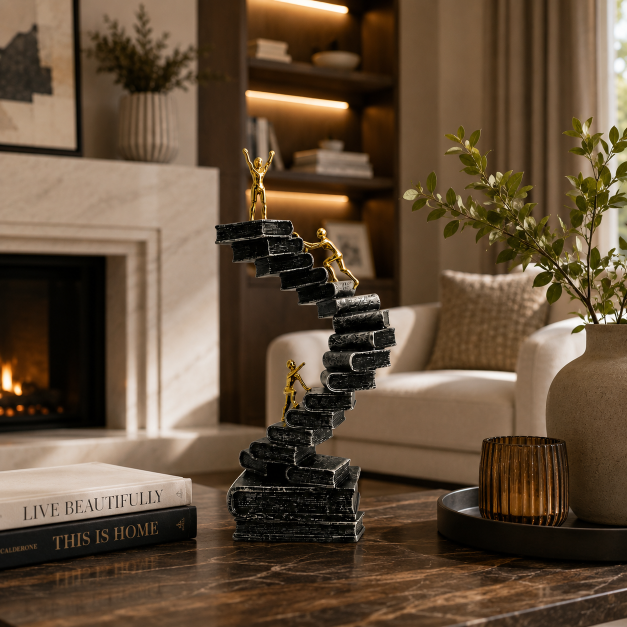 Climbing Book Staircase Sculpture | Gold Figure Office Decor | Inspirational Desk and Living Room Accent