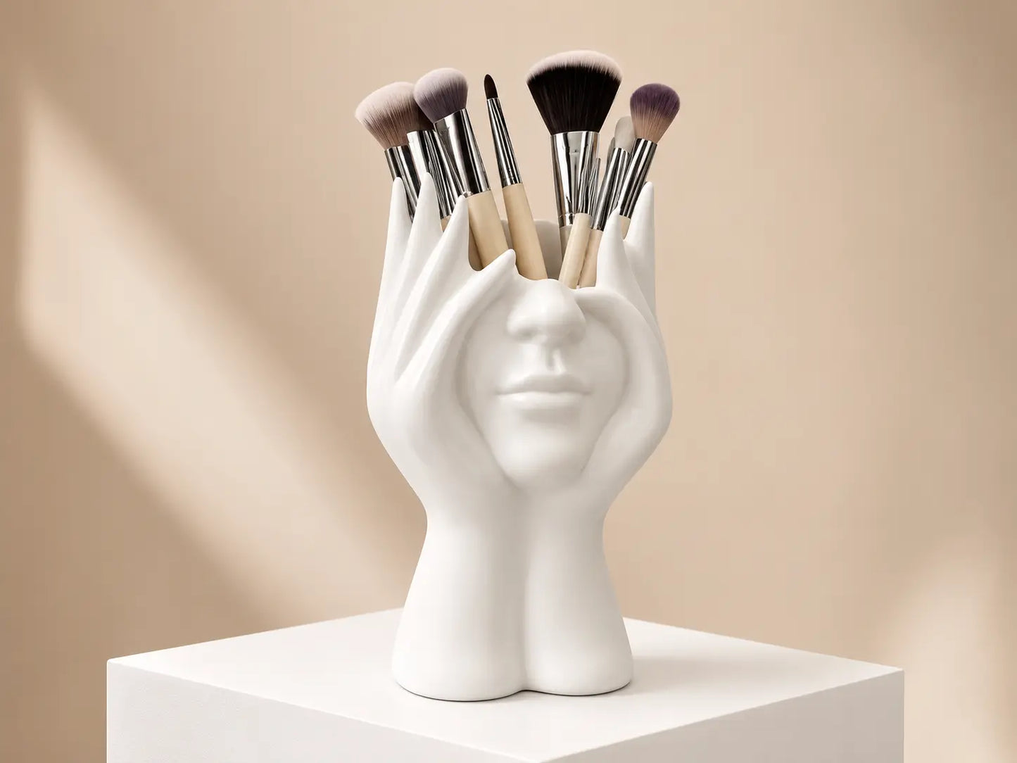 White Sculptural Face Makeup Brush Holder | Artistic Vanity Organizer | Desktop Pen Holder | Modern Decor Storage Jumartins