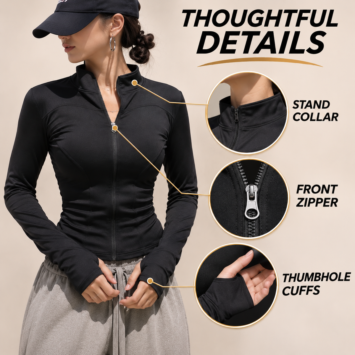 Women's Fitted Zip Up Athletic Jacket | Long Sleeve Thumbhole Workout Top for Pilates, Gym & Running