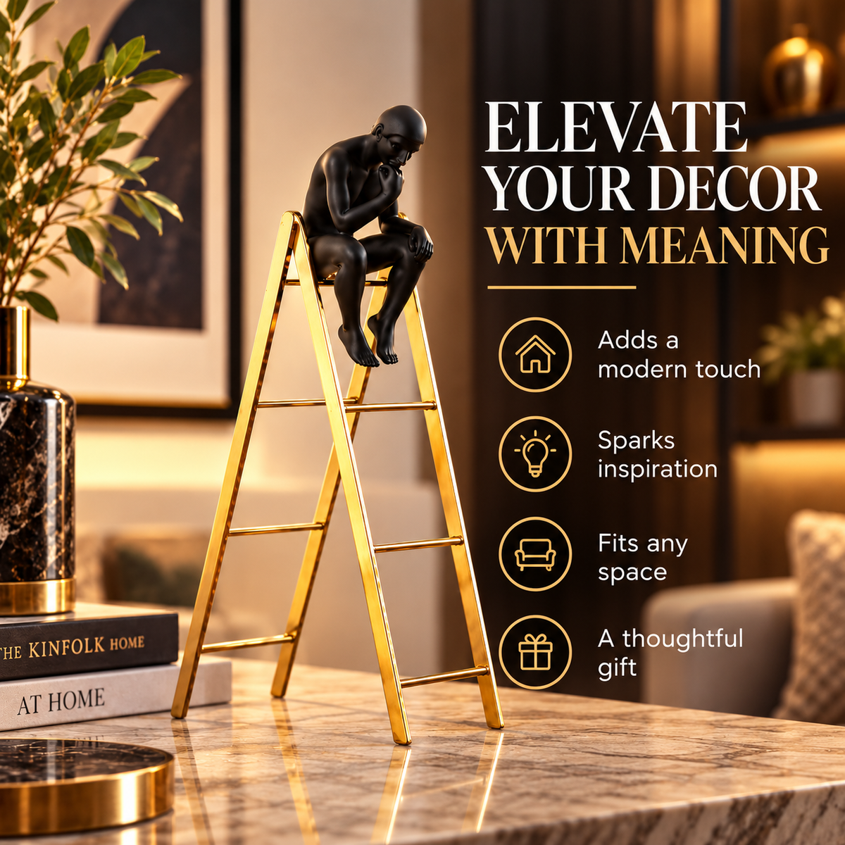 Abstract Thinker Statue on Gold Ladder | Black Seated Figure Sculpture, Modern Desk Ornament, Minimalist Home Office Decor, Art Lover Gift