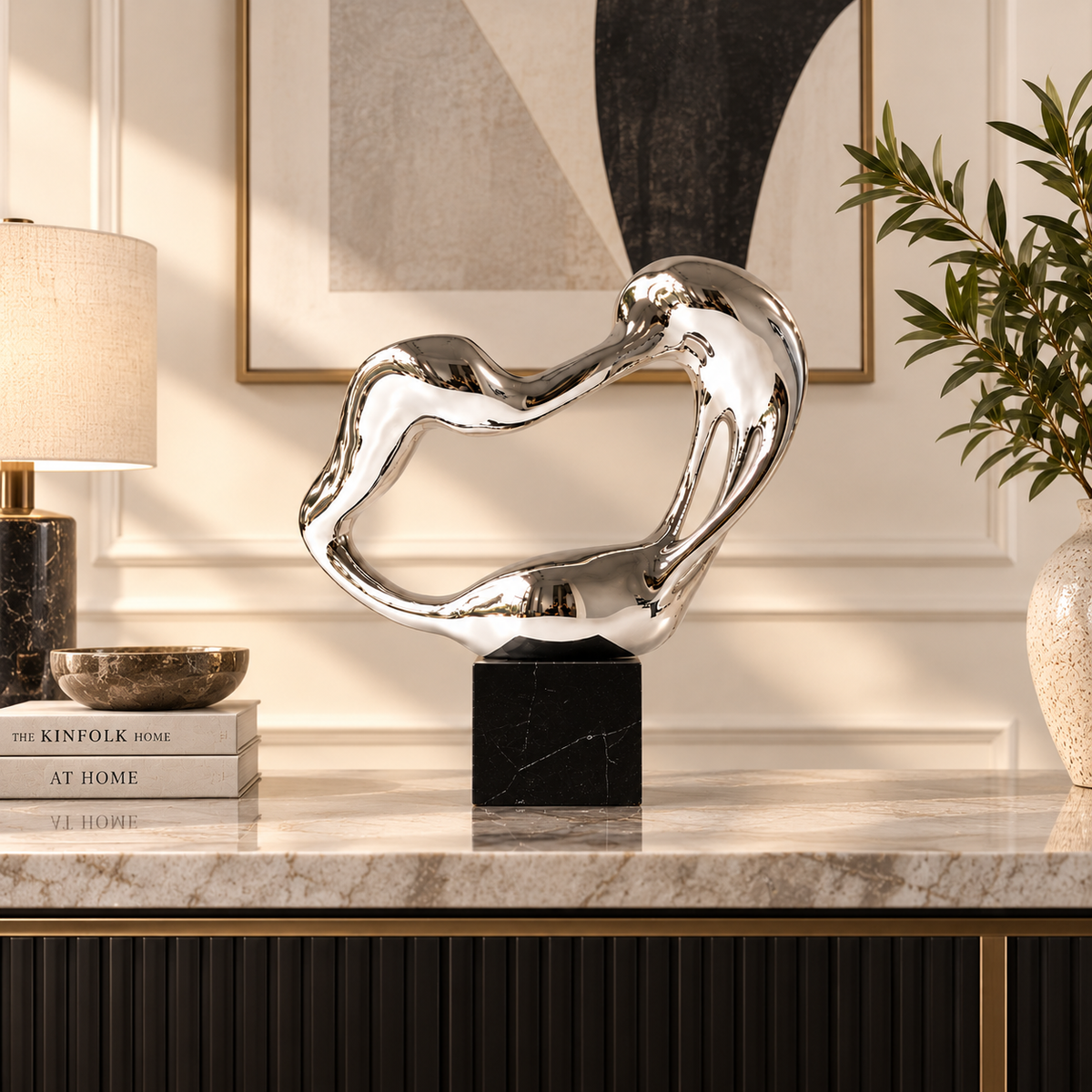 Silver Abstract Sculpture | Melting Heart Statue | Modern Desk Decor | Fluid Art Ornament | Shelf & Living Room Accent