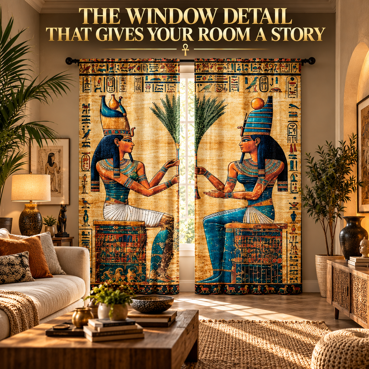 Goddess Figure Curtains Hieroglyph Art Window Drapes | Statement Bedroom Living Room Decor | Artistic Home Accent