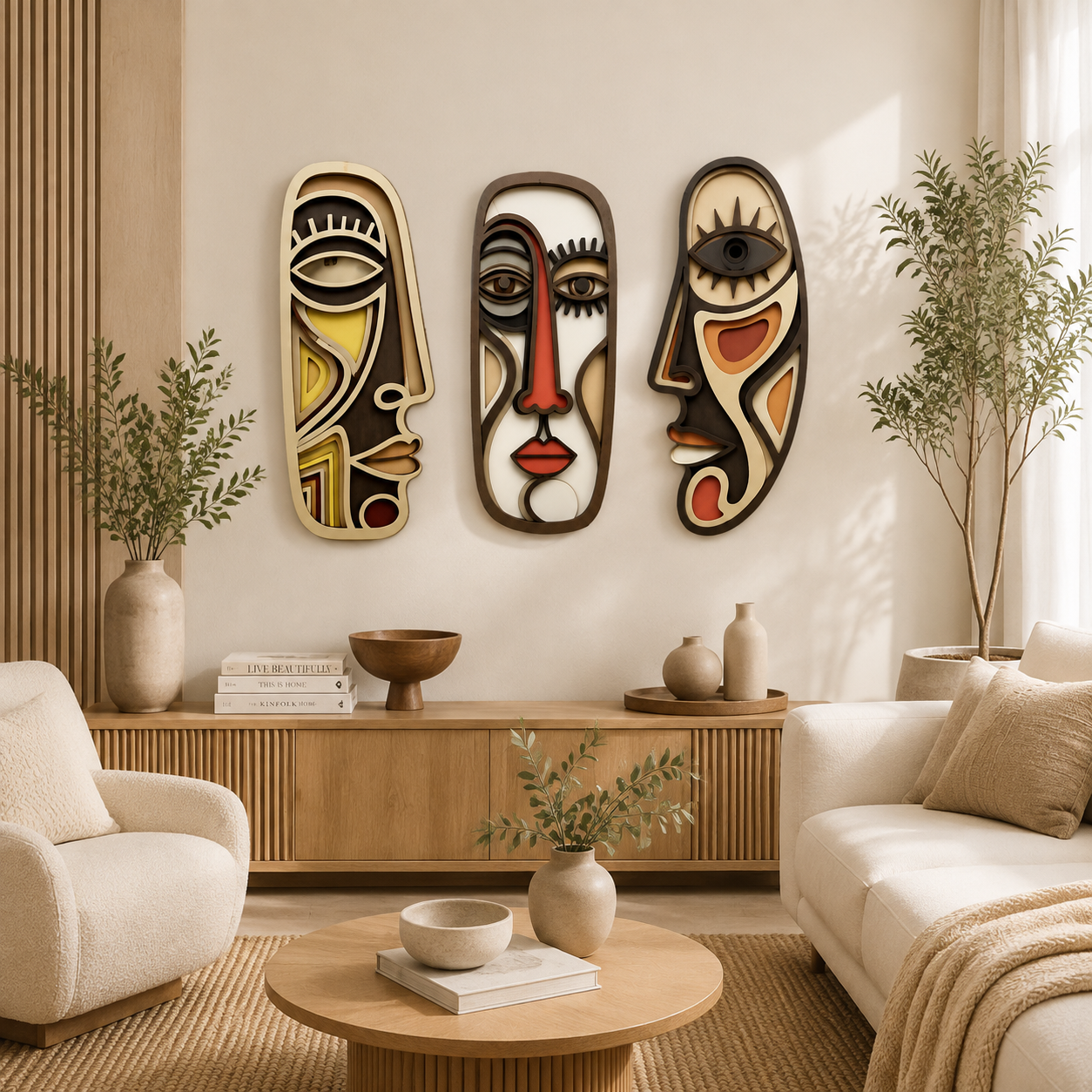 Abstract Face Wall Art Set | Minimalist Wooden Wall Decor | Bohemian Home Accent | Modern Room Decoration | Artistic Hanging Decor
