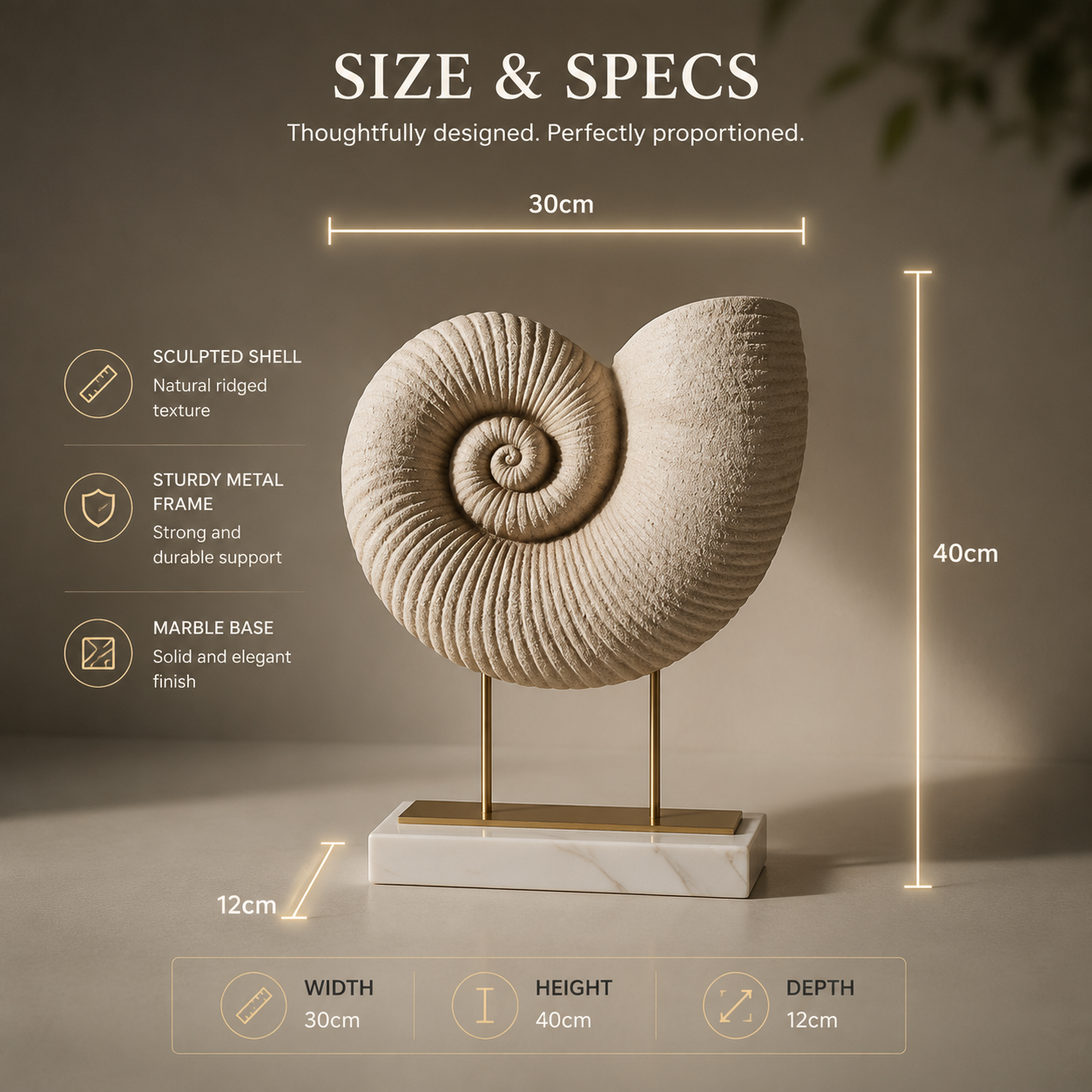 Decorative Sea Shell Figurine | Spiral Whelk Shell Statue | Coastal Home Decor Accent | Ocean Inspired Table Display Ornament