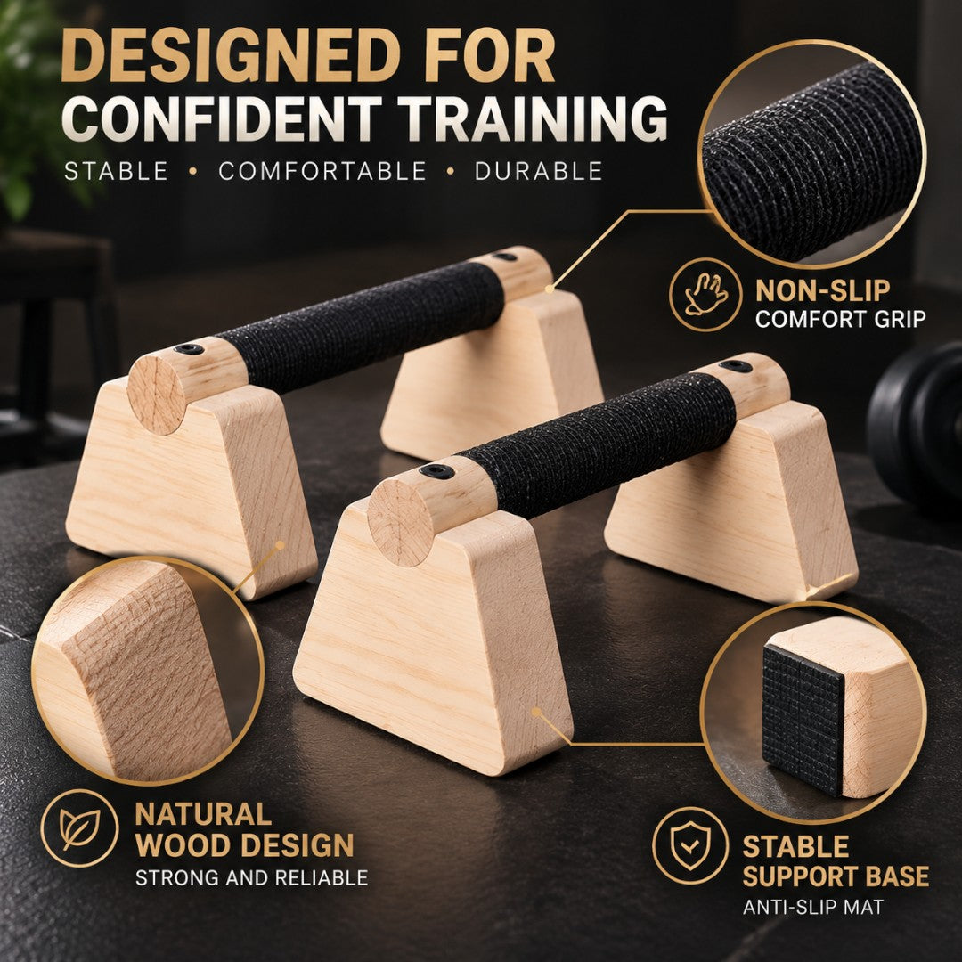 Wooden Push Up Bars Stands Pair | Home Gym Workout Equipment | Parallel Handles For Strength Training Calisthenics Fitness