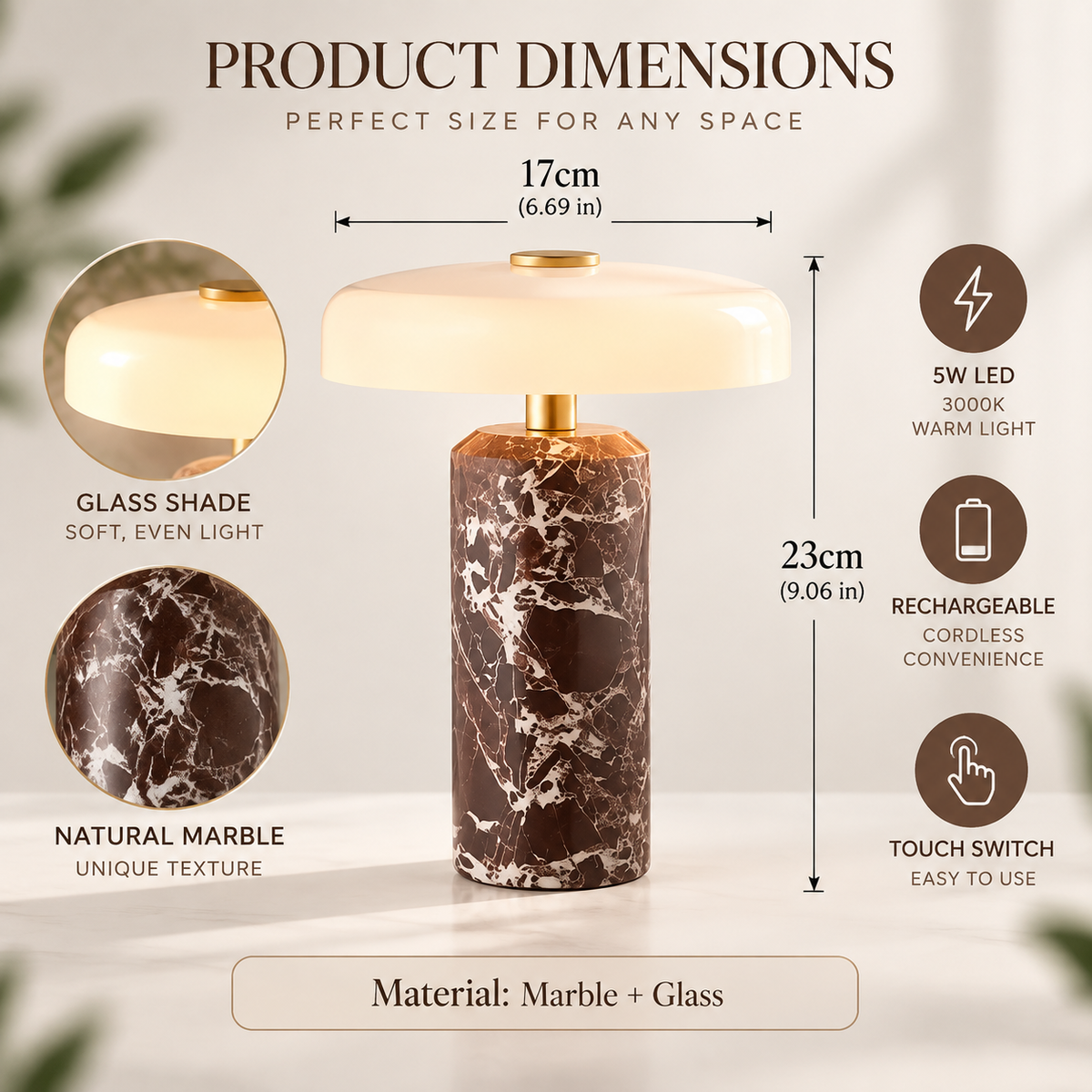 Rechargeable Marble Glass Table Lamp LED Desk Light Modern Home Decor Lighting For Living Room Bedroom Study