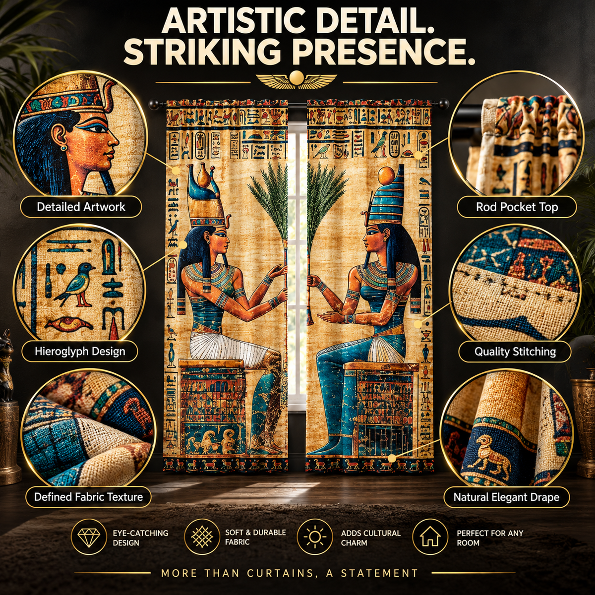 Goddess Figure Curtains Hieroglyph Art Window Drapes | Statement Bedroom Living Room Decor | Artistic Home Accent