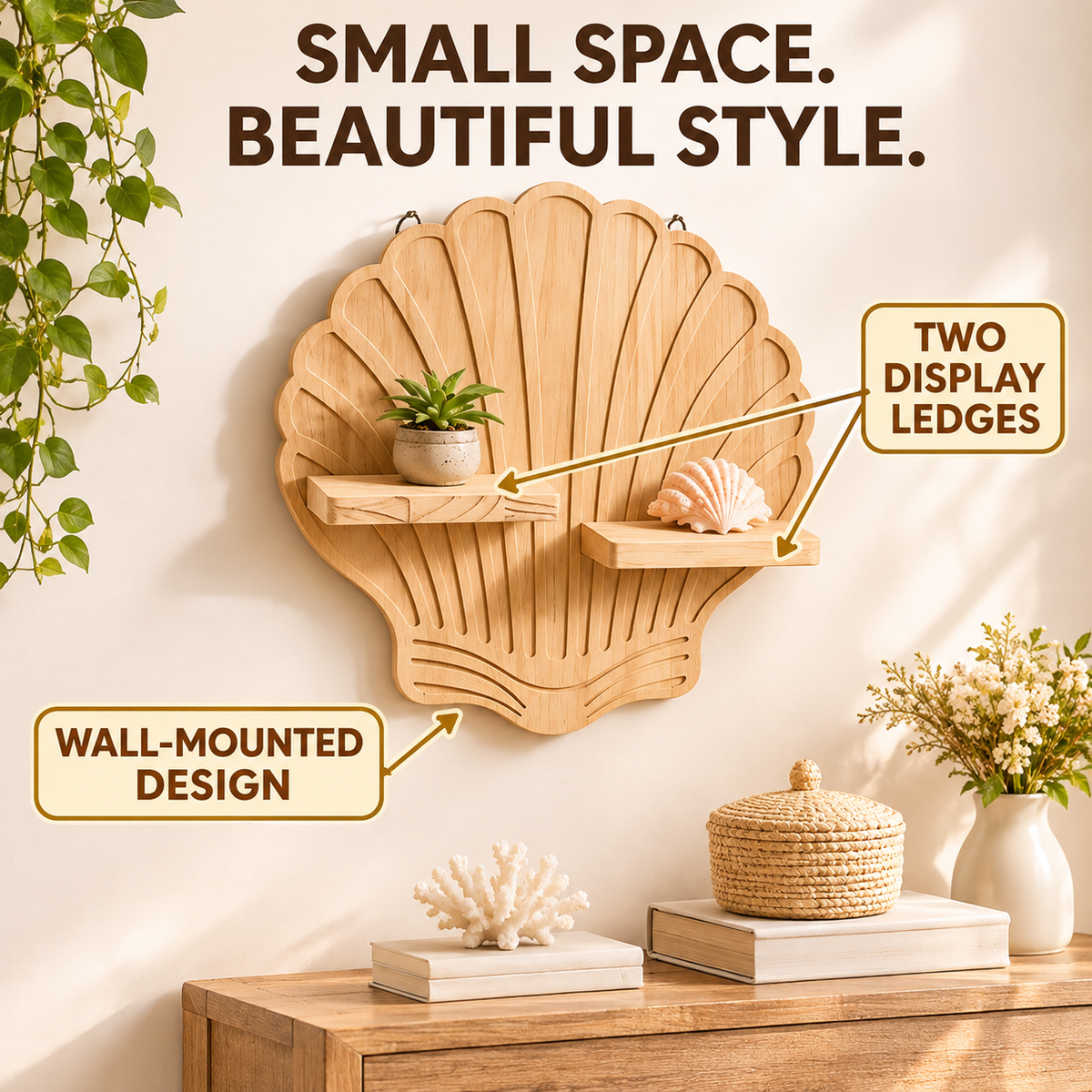 Seashell Wooden Wall Shelf, Coastal Nautical Decor, Wall Mounted Display Shelves for Bedroom Living Room