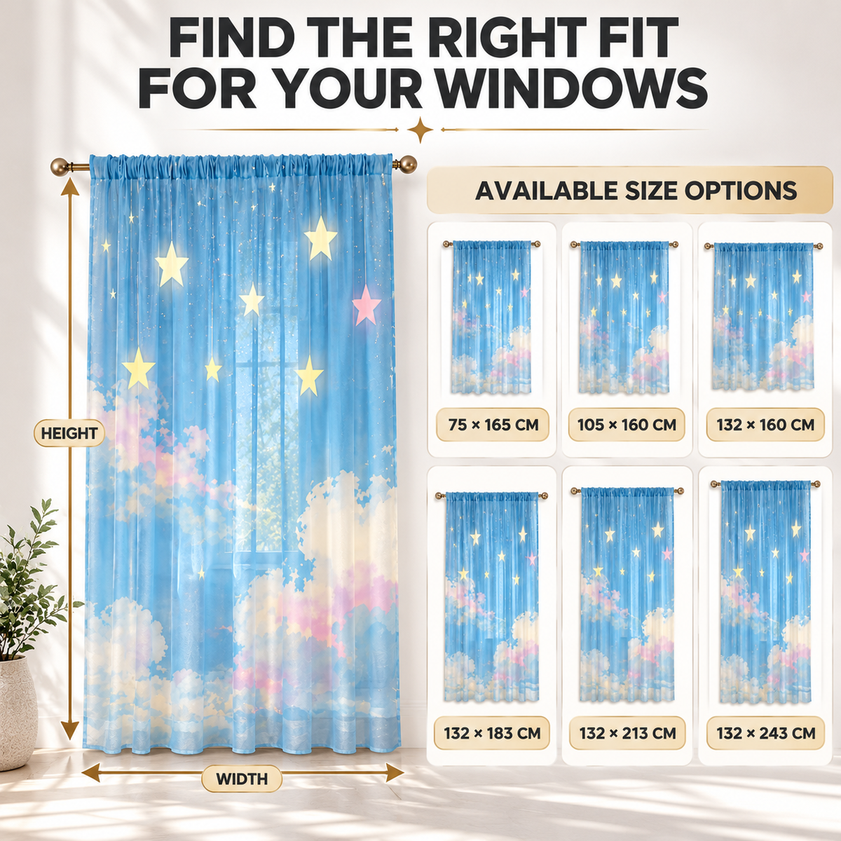 Star Cloud Sheer Curtains | Dreamy Bedroom Window Drapes | Celestial Room Decor | Rod Pocket Living Room Panels