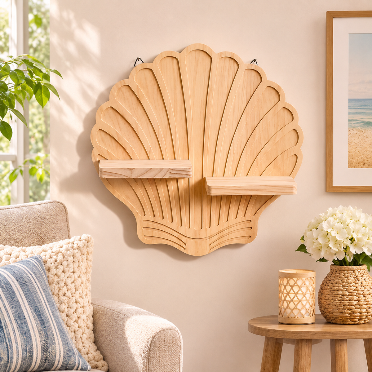 Seashell Wooden Wall Shelf, Coastal Nautical Decor, Wall Mounted Display Shelves for Bedroom Living Room