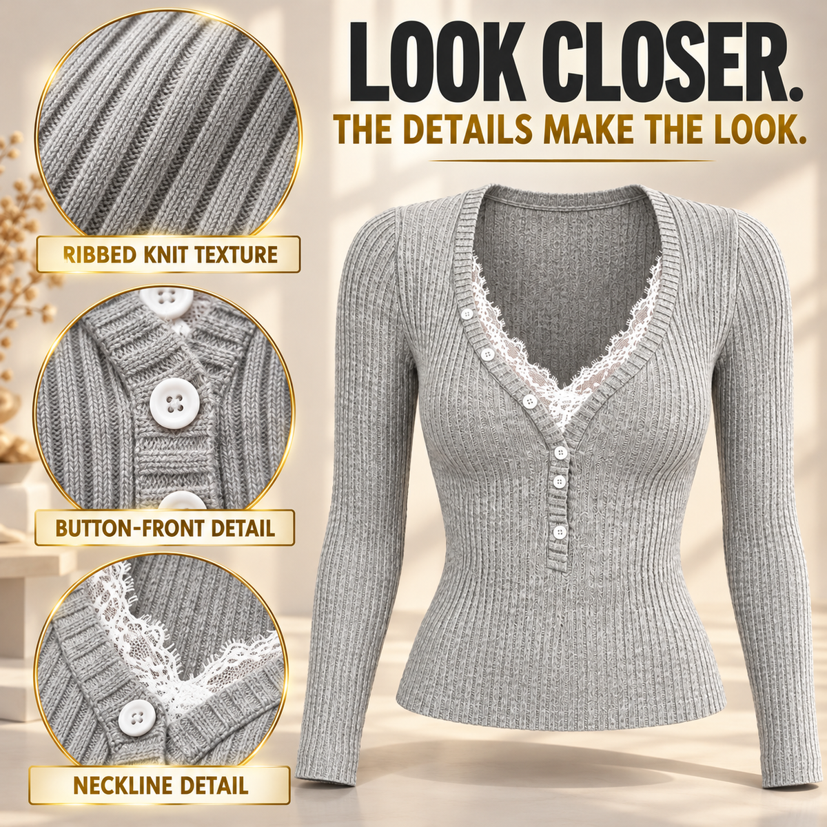 Women’s Gray Ribbed Button Front Top, Fitted Long Sleeve V Neck Knit Shirt, Y2K Cardigan Top, Casual Slim Fit Layering Top