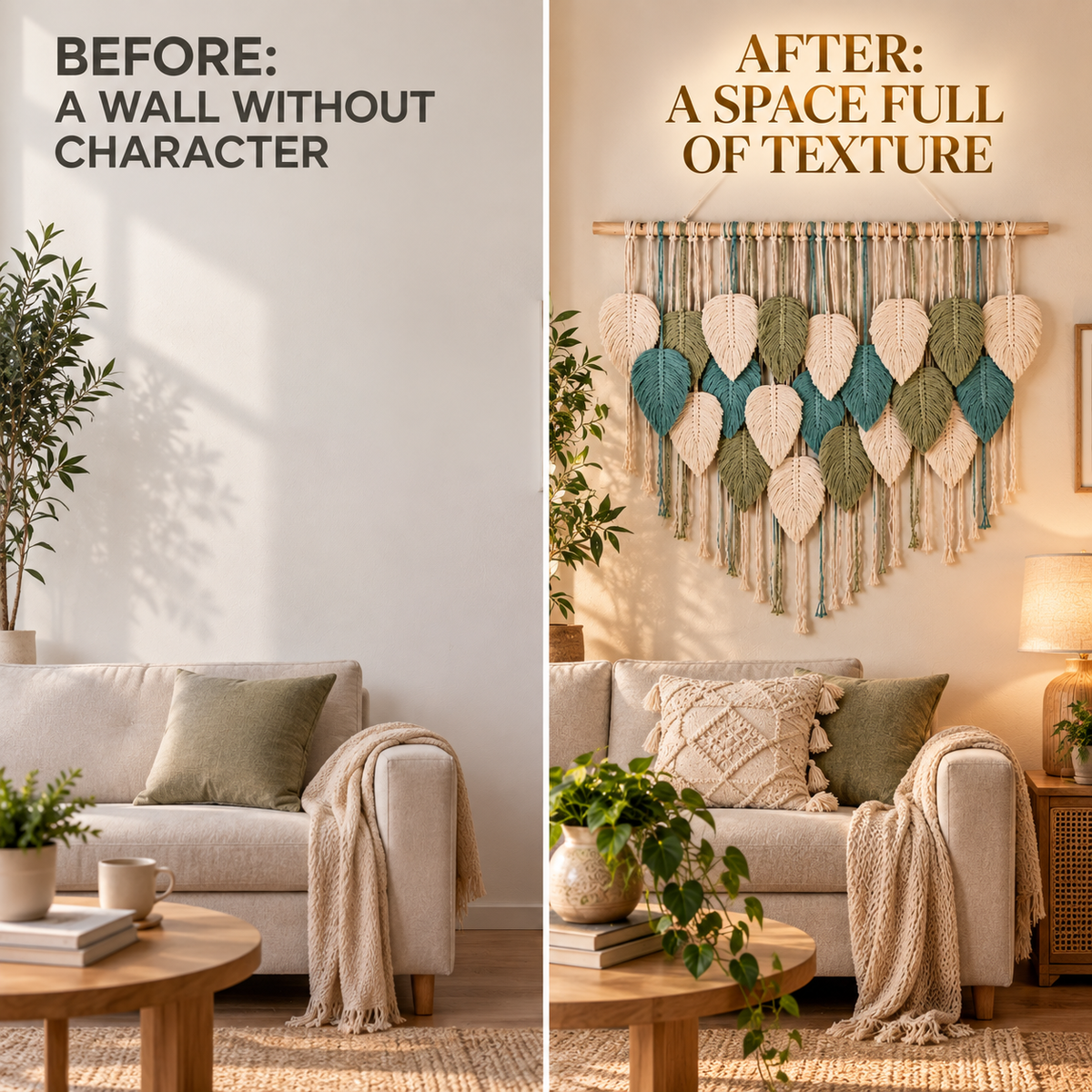 Boho Leaf Macrame Wall Hanging | Woven Feather Tapestry Decor | Textured Bedroom Living Room Wall Art | Natural Home Accent