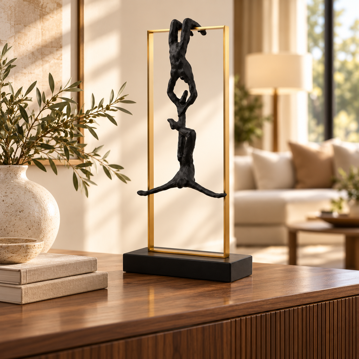 Abstract Climbing Figure Sculpture | Resin Athlete Statue | Modern Desk Decoration | Gold Frame Tabletop Accent for Living Room or Office