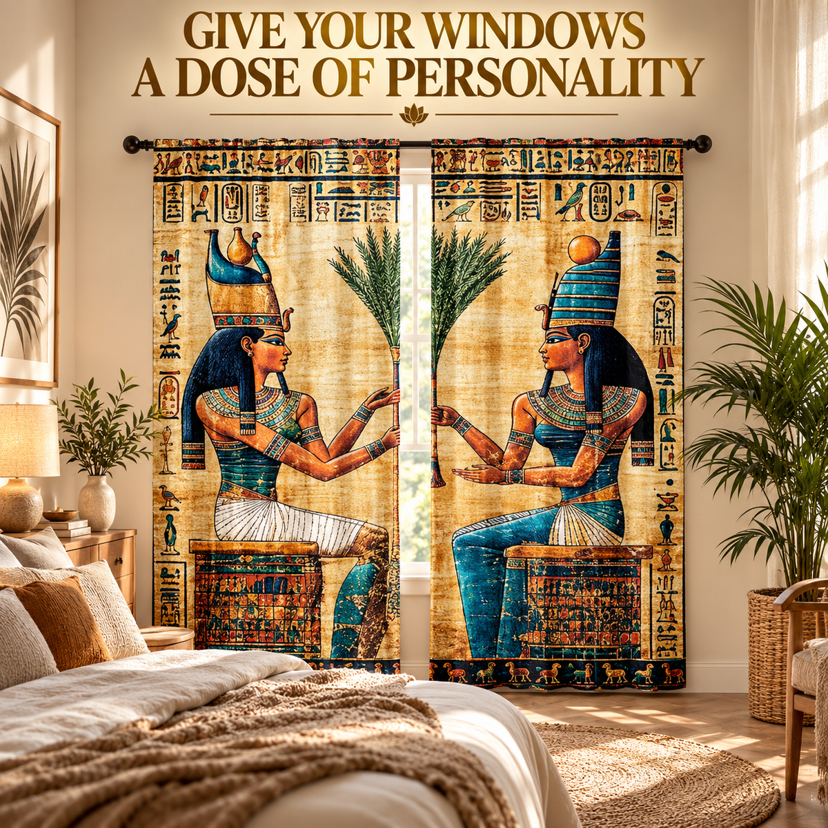 Goddess Figure Curtains Hieroglyph Art Window Drapes | Statement Bedroom Living Room Decor | Artistic Home Accent