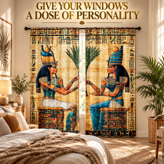 Goddess Figure Curtains Hieroglyph Art Window Drapes | Statement Bedroom Living Room Decor | Artistic Home Accent