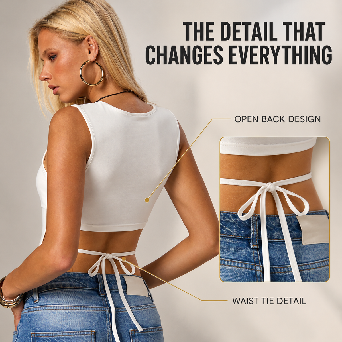 Women's Backless Sleeveless Top | Fitted Round Neck Shirt with Open Back Tie | Minimalist Summer Streetwear