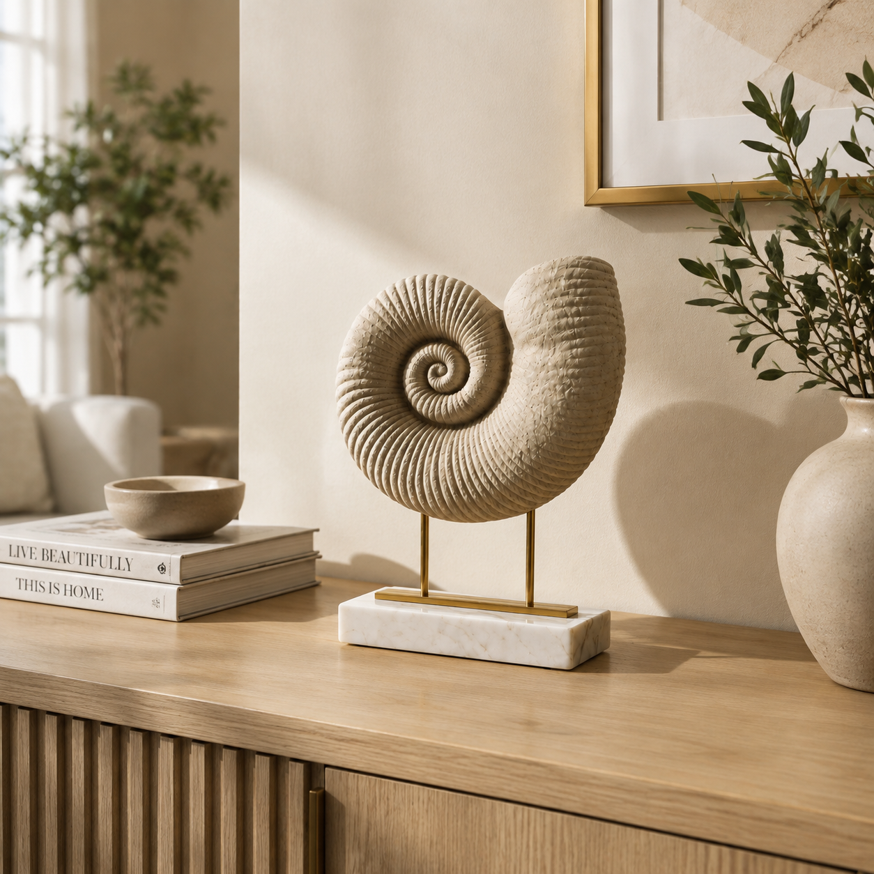 Decorative Sea Shell Figurine | Spiral Whelk Shell Statue | Coastal Home Decor Accent | Ocean Inspired Table Display Ornament