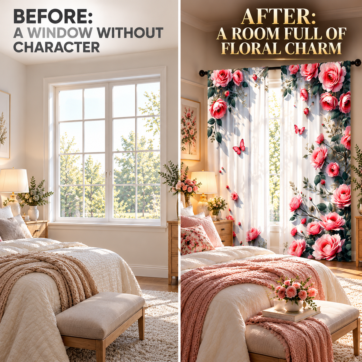 Floral Print Curtains | Romantic Rose Window Drapes | Bedroom Living Room Decor | Light Filtering Rod Pocket Panels