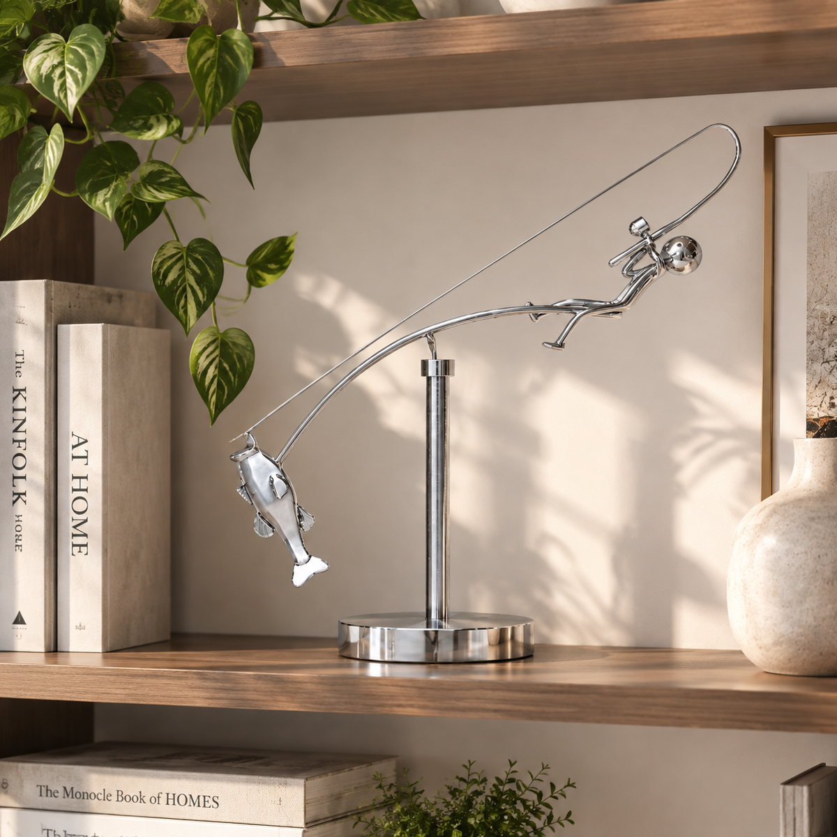 Fisherman Balancing Sculpture | Kinetic Fishing Decor | Balance Art | Desk Ornament | Home Office Shelf Decoration | Angler Gift
