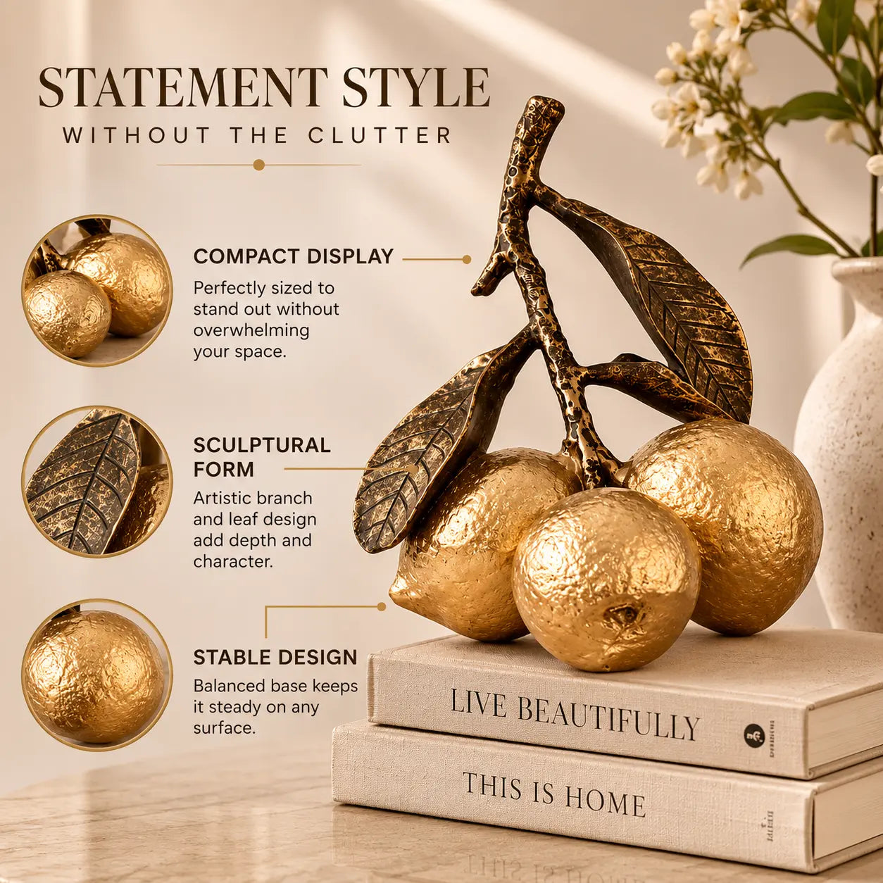 Golden Lemon Sculpture Decor | Decorative Fruit Table Accent | Modern Shelf Ornament | Kitchen Dining Room Display | Housewarming Gift Jumartins