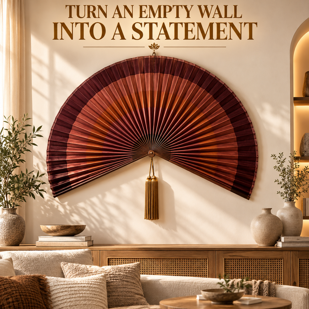 Bamboo Folding Fan Wall Decor | Large Statement Wall Hanging | Boho Home Accent | Living Room Bedroom Feature Decor