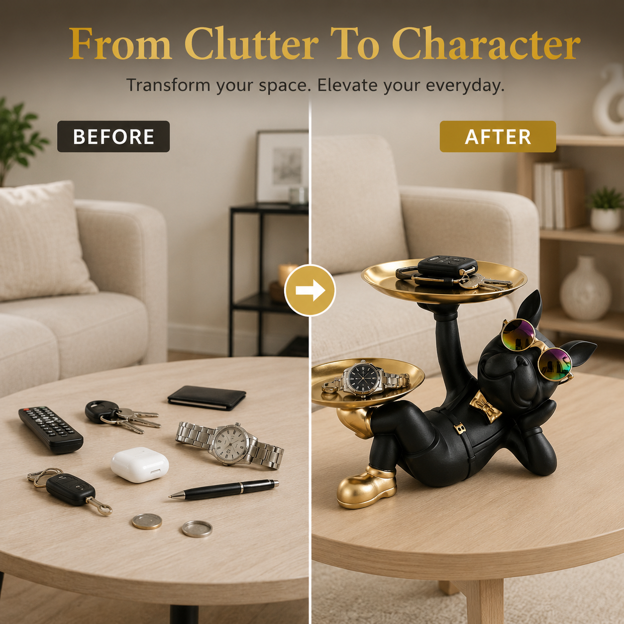 Dog Valet Tray Organizer | Black Puppy Decor Tray | Key Holder Statue | Watch Display Stand | Gift For Pet Lover Desk Decor