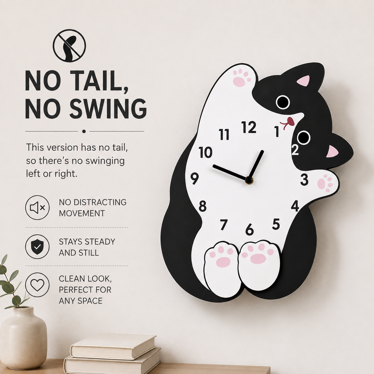 Cute Cat Tail Swaying Wall Clock | Cartoon Animal Wall Clock | Creative Hanging Home Decor | Living Room Bedroom Accent Clock