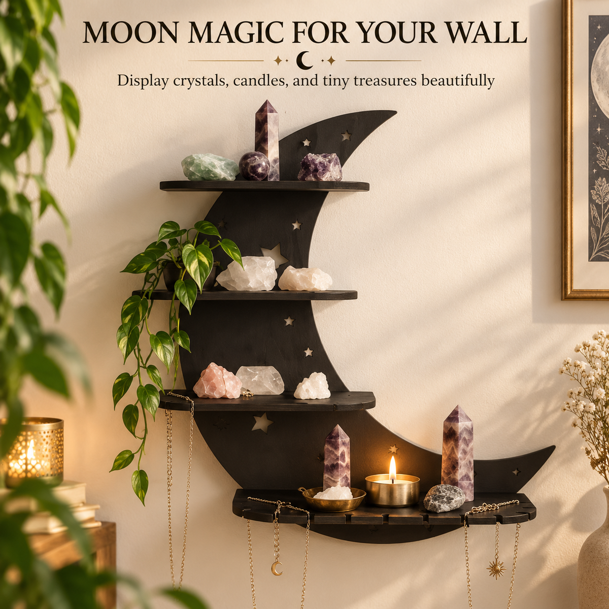 Crescent Moon Wall Shelf | Gothic Crystal Display Rack | Black Wooden Floating Shelves | Celestial Bedroom Decor