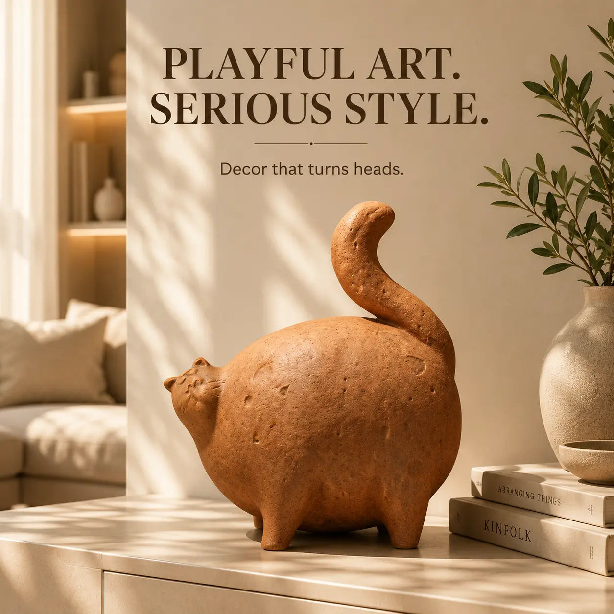 Ceramic Cat Sculpture| Abstract Kitten Table Decor | Modern Animal Shelf Accent | Living Room Ornament | Cat Lover Gift Jumartins