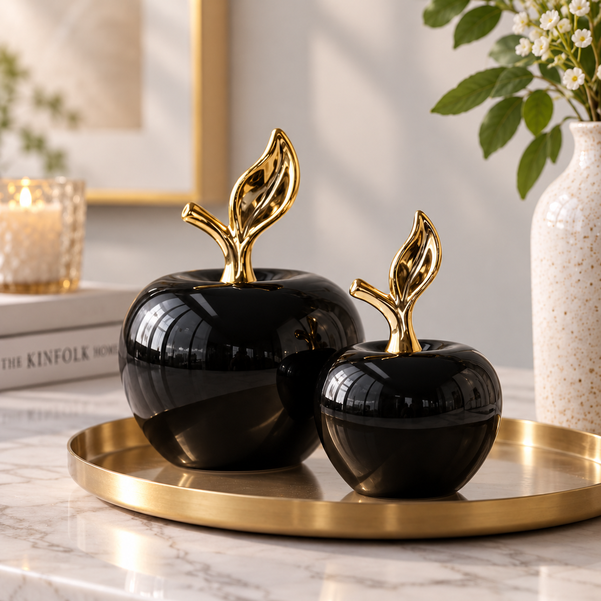 Glossy Apple Ornament with Gold Leaf | Ceramic Tabletop Accent | Modern Shelf Decor | Elegant Home Styling