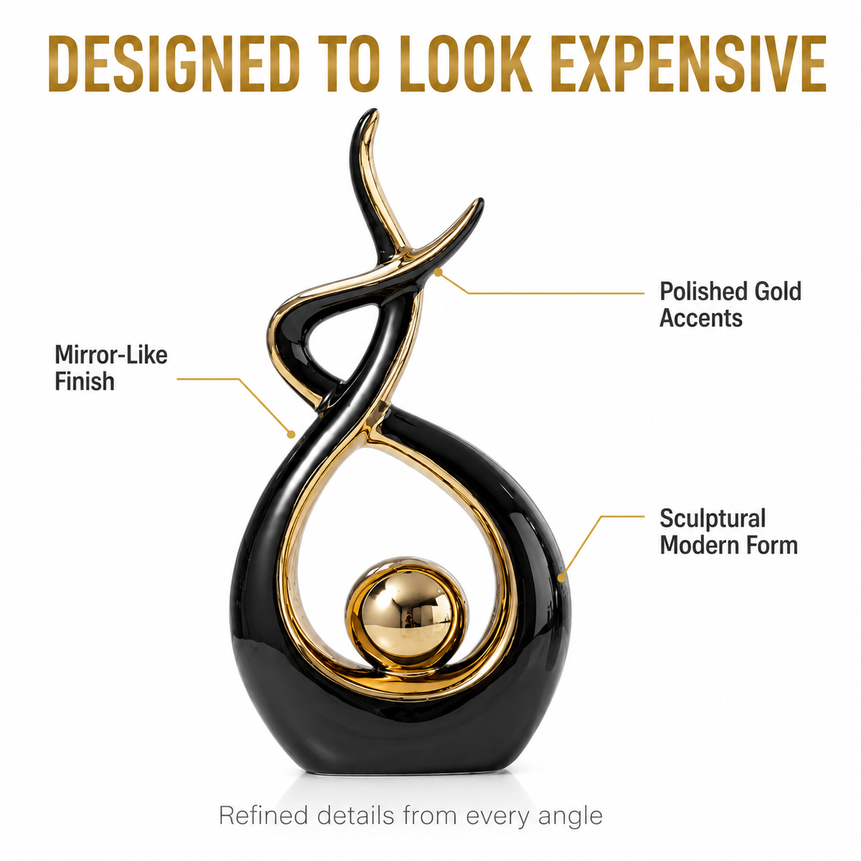 Modern Abstract Table Sculpture | Black Gold Decor Figurine | Luxury Shelf Accent for Living Room Desk Cabinet