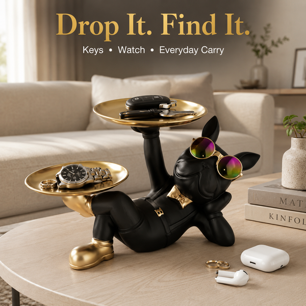 Dog Valet Tray Organizer | Black Puppy Decor Tray | Key Holder Statue | Watch Display Stand | Gift For Pet Lover Desk Decor