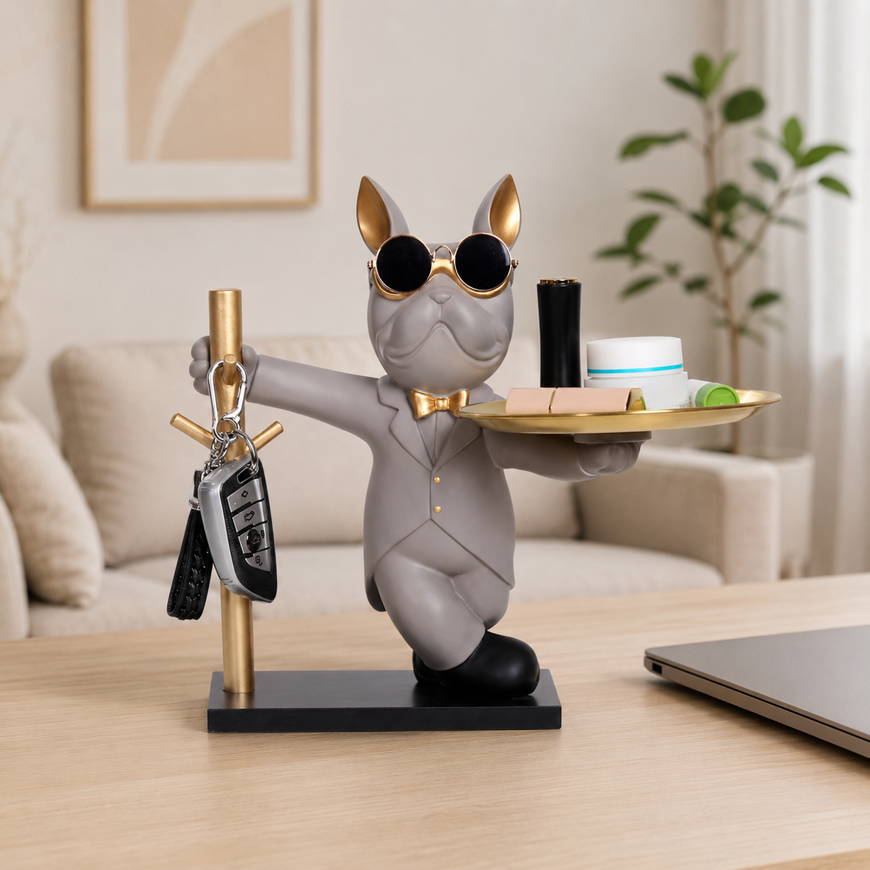 Bulldog Statue Tray Organizer | Decorative Dog Figurine Key Holder | Entryway Coin Tray Snack Holder | Tabletop Decor Gift