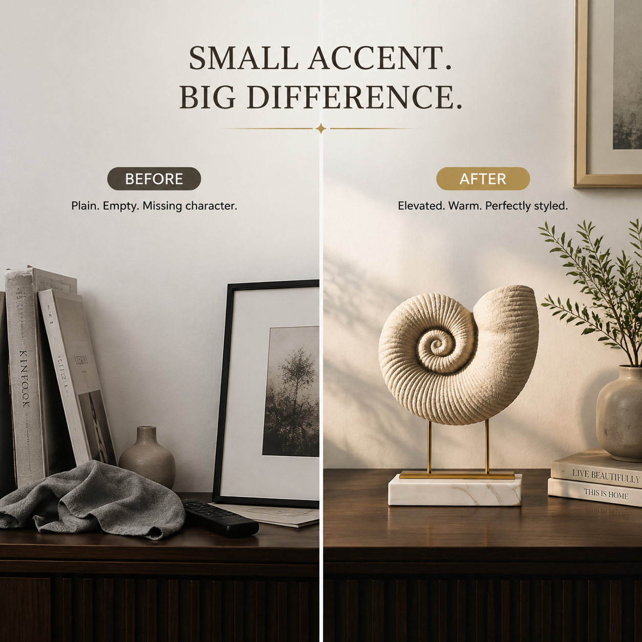 Decorative Sea Shell Figurine | Spiral Whelk Shell Statue | Coastal Home Decor Accent | Ocean Inspired Table Display Ornament