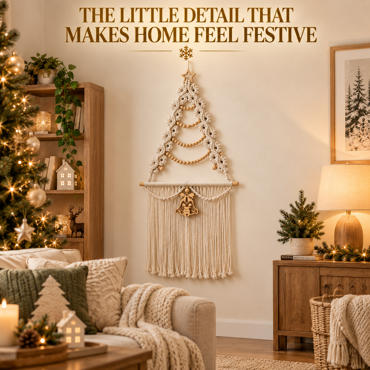 Christmas Tree Macrame Wall Hanging Woven Tapestry Holiday Decor Wood Beads Bell Bedroom Accent
