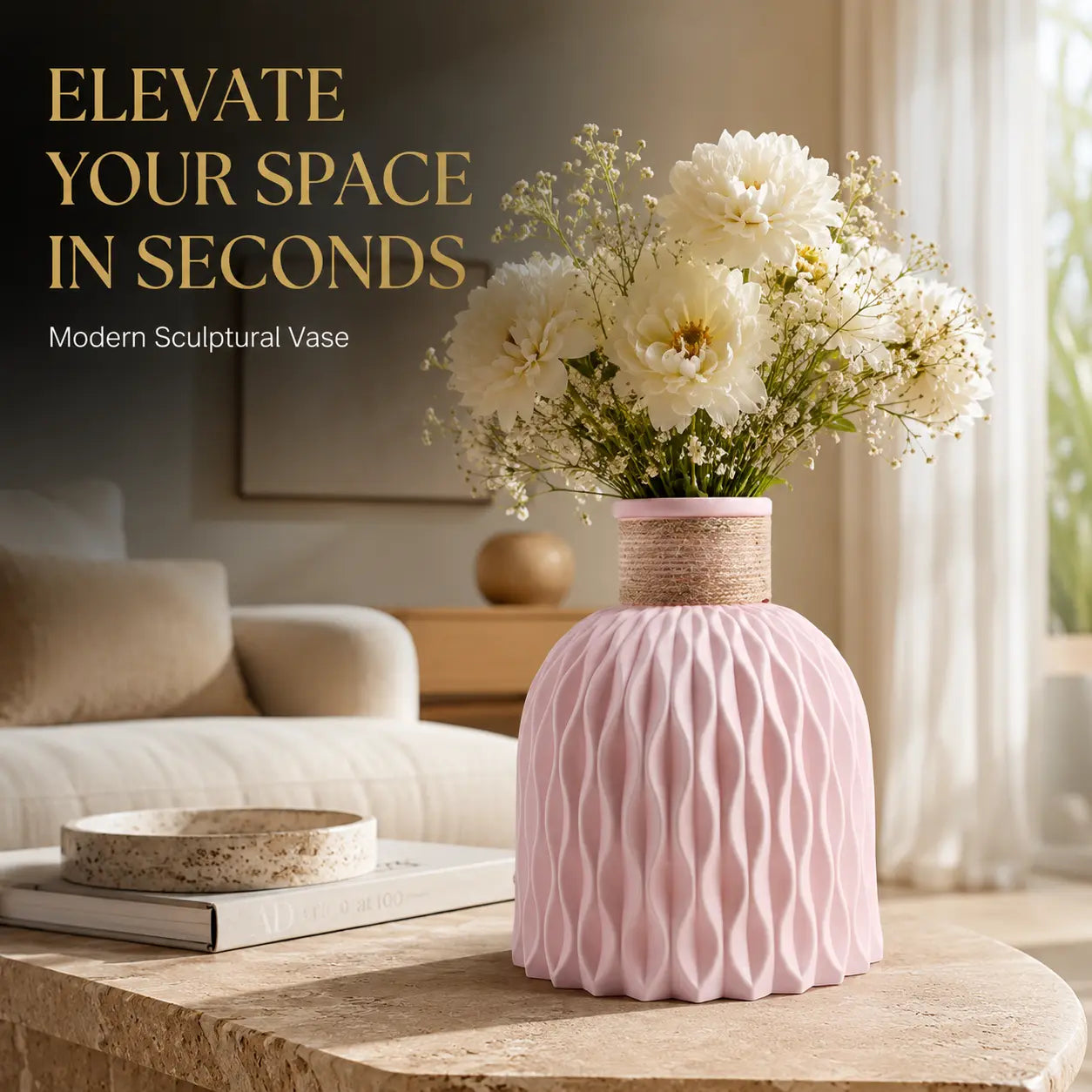 Textured Plastic Vase | Twine Wrapped Flower Holder | Water Wave Table Decor | Minimalist Shelf and Living Room Accent Jumartins
