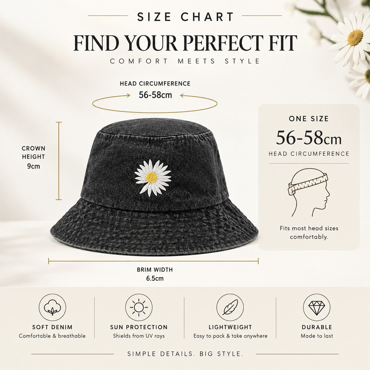 Vintage Daisy Denim Bucket Hat for Women | Cottagecore Floral Sun Hat | Cute Casual Summer Fisherman's Cap
