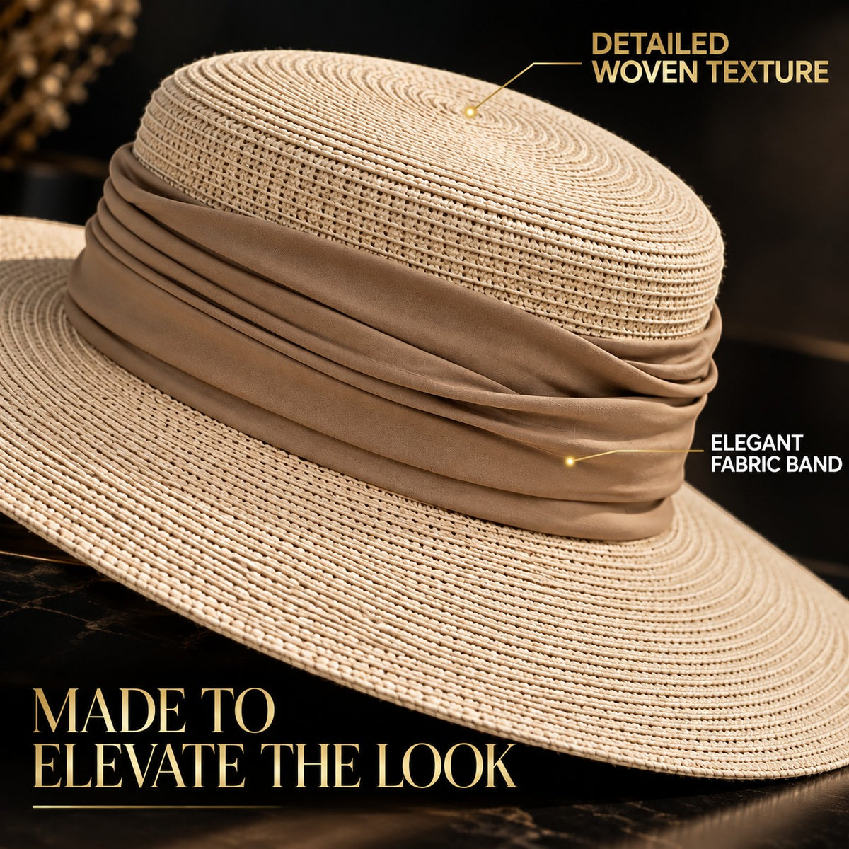Wide Brim Straw Sun Hat for Women, Woven Resort Beach Hat with Elegant Fabric Band, Vacation Travel Summer Hat