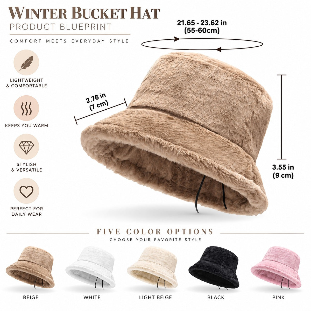 Faux Fur Bucket Hat for Women, Plush Winter Fuzzy Hat with Wide Brim & Adjustable Chin Cord, Cozy Korean-Inspired Cold Weather Hat