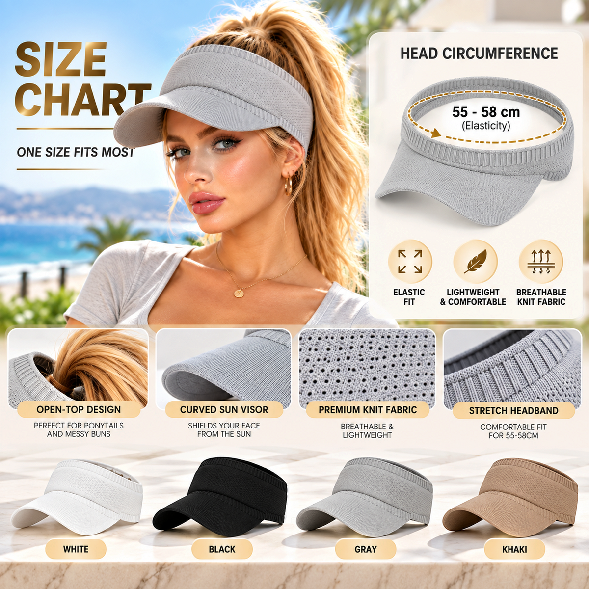Women’s Knit Sun Visor Hat for Ponytail – Open Top Lightweight Sports Golf Tennis Summer Beach Visor Cap