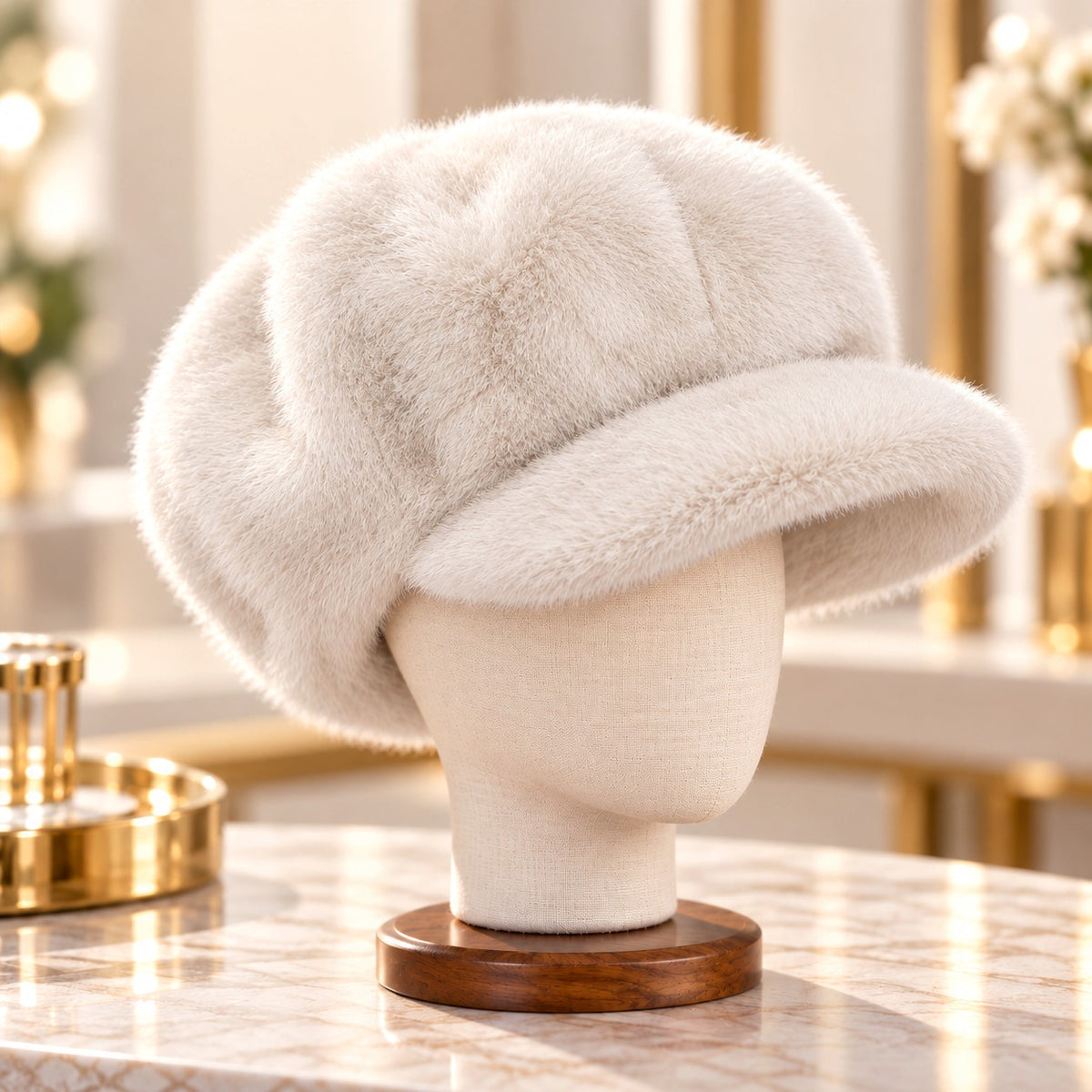 Women's Faux Fur Newsboy Hat – Plush Winter Baker Boy Cap, Chic Vintage-Inspired Fashion Hat