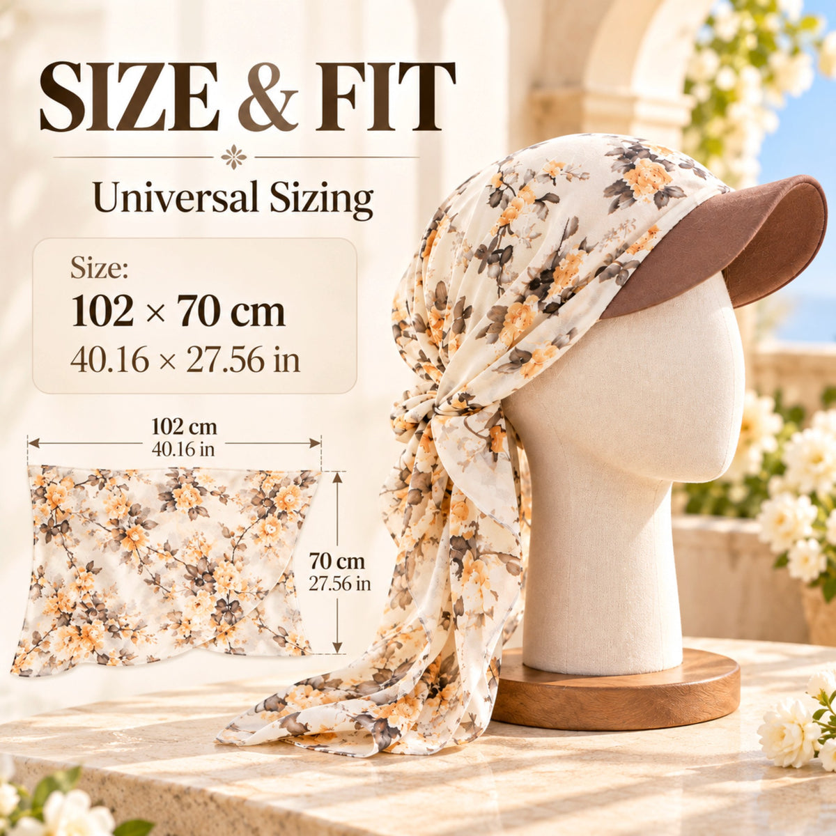Women's Floral Print Pre-Tied Headscarf Sun Visor Hat, Lightweight Chiffon Baseball Cap with Long Scarf Tails, Chemo Head Cover
