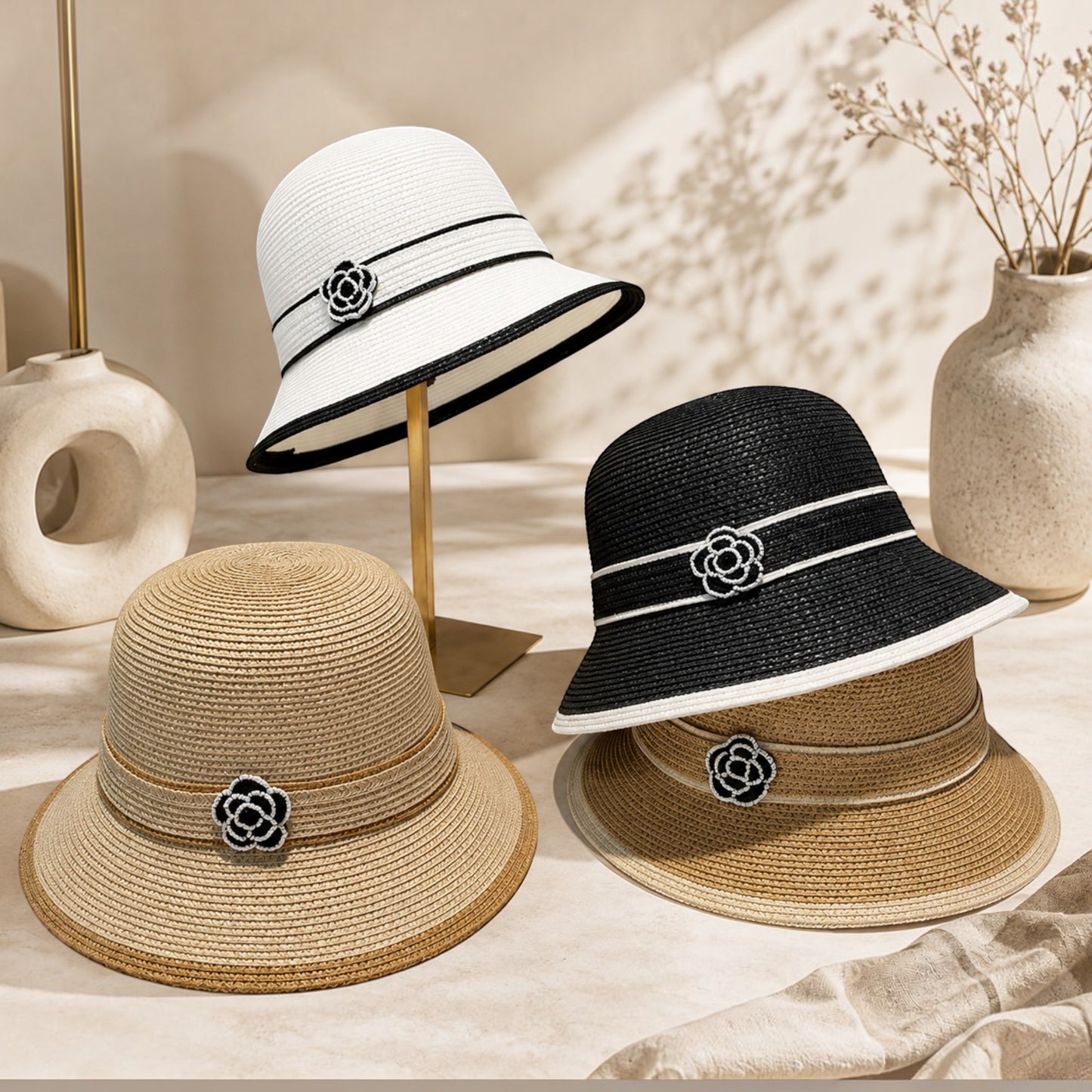 Women's Floral Accent Straw Sun Hat – Elegant Wide Brim Summer Beach Hat for Vacation, Travel, Garden & Resort Wear