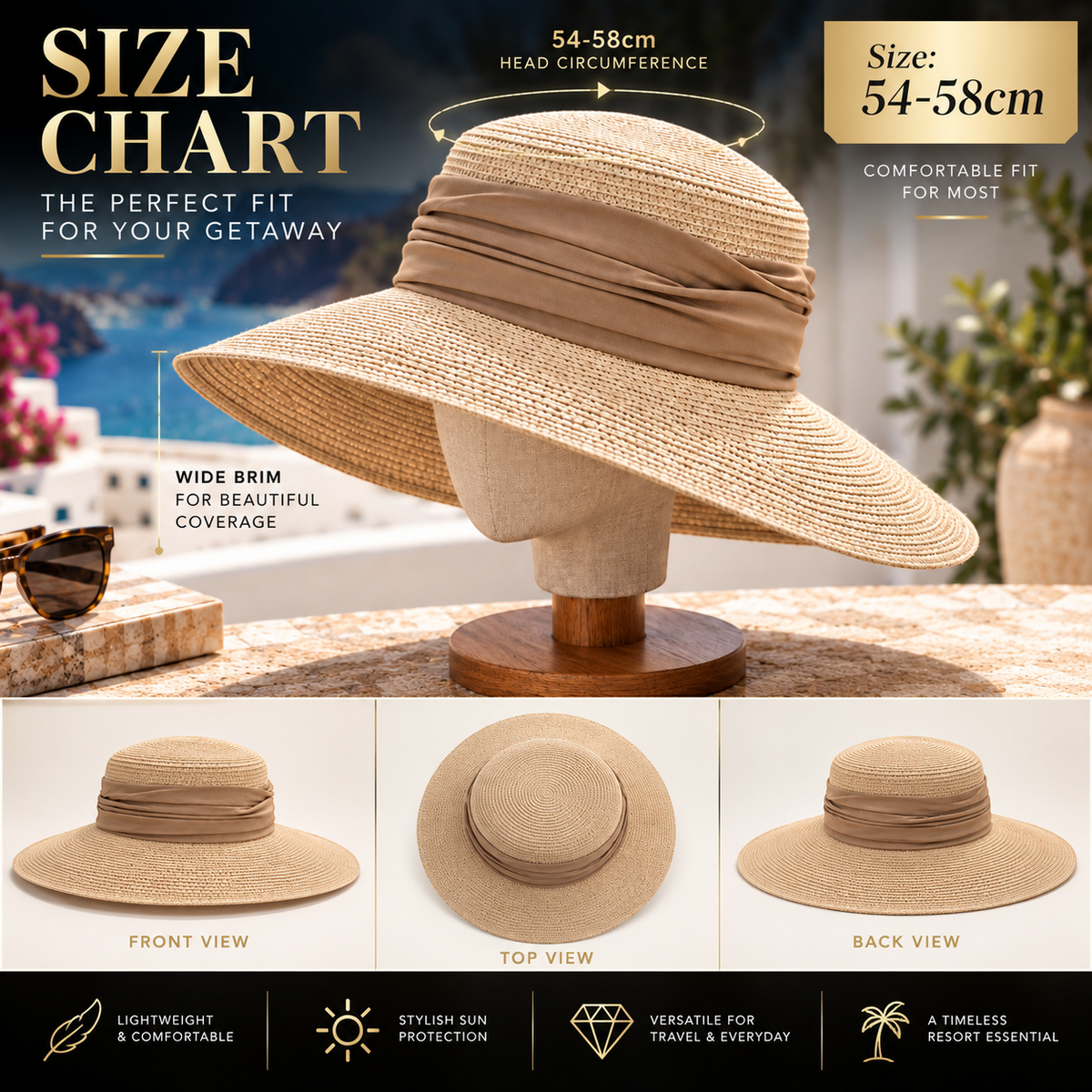 Wide Brim Straw Sun Hat for Women, Woven Resort Beach Hat with Elegant Fabric Band, Vacation Travel Summer Hat