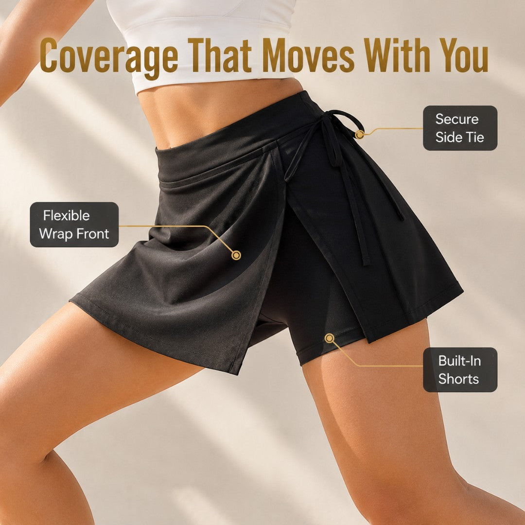 Women’s Tennis Skort | Wrap Front Sports Skirt with Built-In Shorts | Side Tie Workout Bottoms | Badminton Yoga Gym Apparel