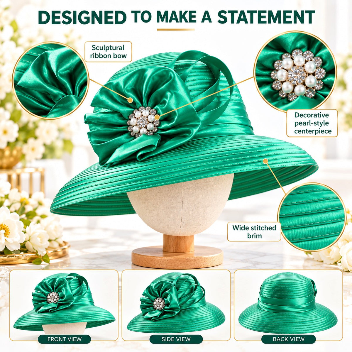Women's Emerald Green Satin Church Hat with Crystal Ribbon Bow – Elegant Derby, Wedding & Bridal Occasion Hat