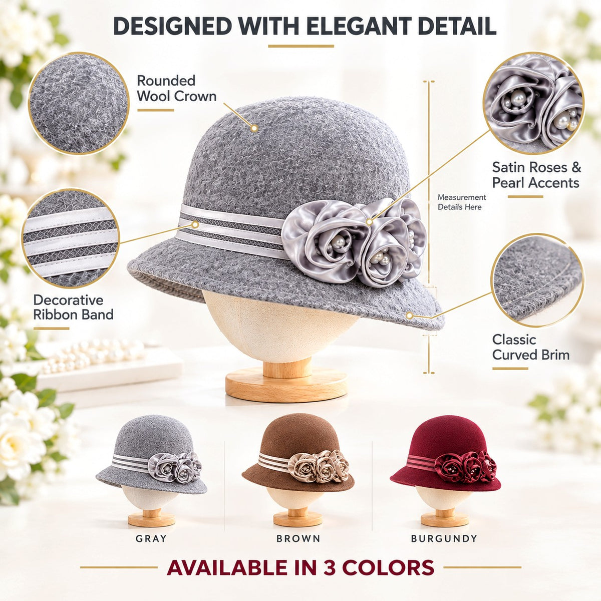 Women's Wool Church Hat with Satin Rose Blossoms & Pearl Details | Elegant Autumn Winter Formal Hat