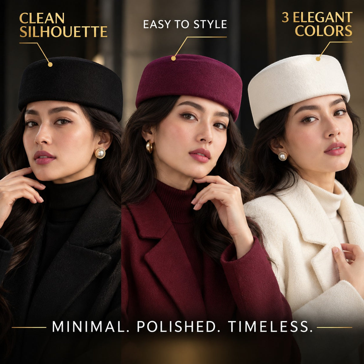 Women's Felt Pillbox Hat, Minimalist Vintage Round Top Hat, Elegant Korean Style Hat for Dresses, Coats & Chic Outfits